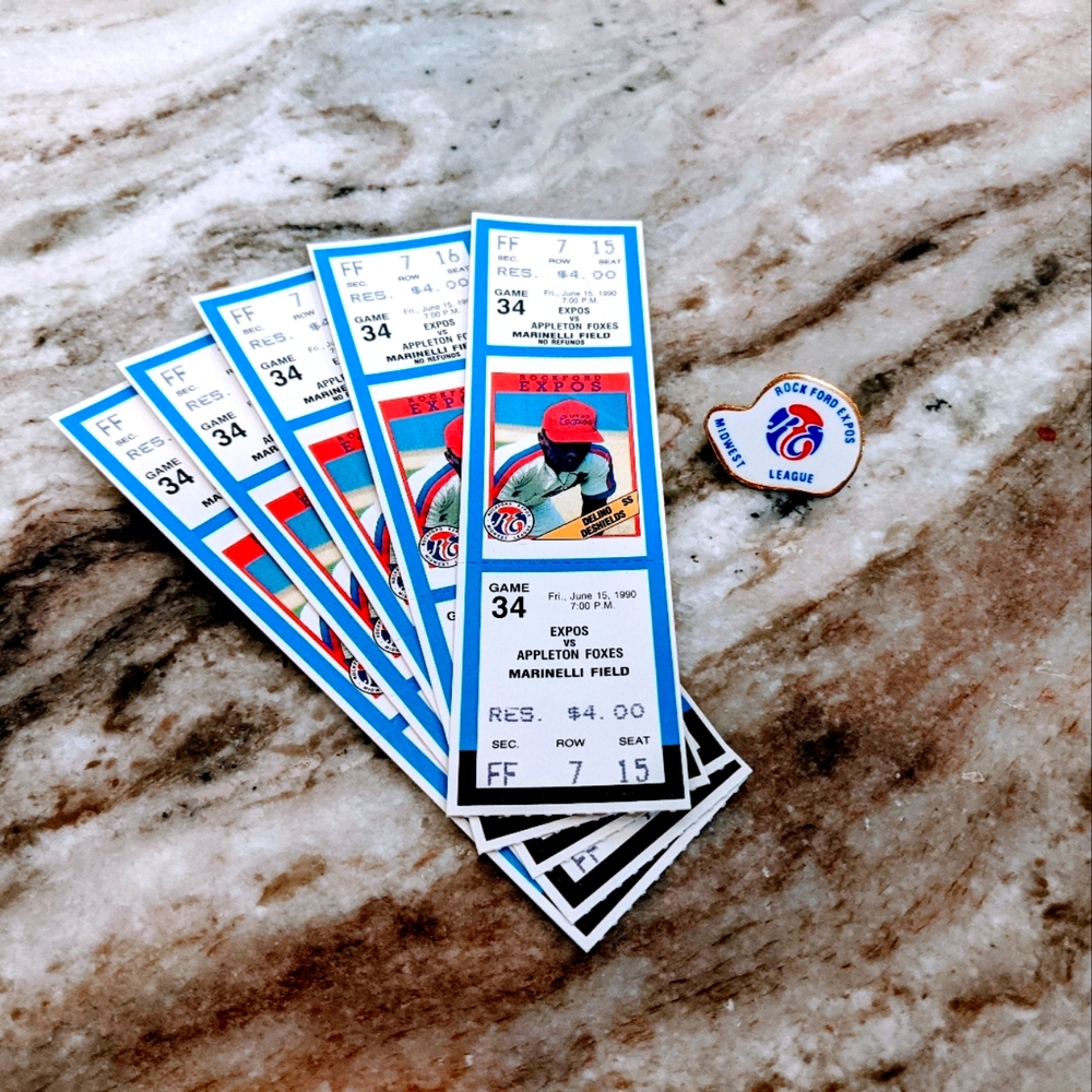 Rockford Expos Midwest League Vintage Lapel Pin w/ Collectible Game Tickets